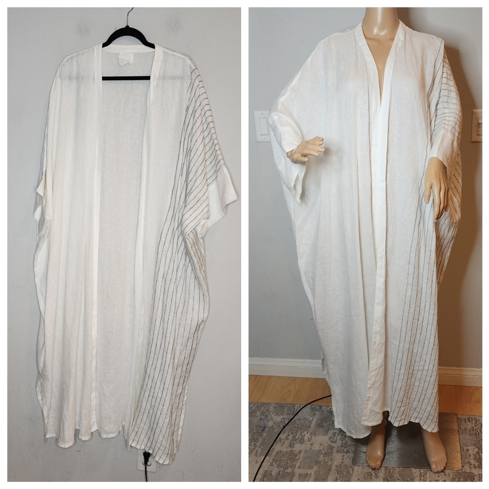 White Linen Maxi Kimono Open Front Duster Coverup Lagenlook Beachy One Size Plus